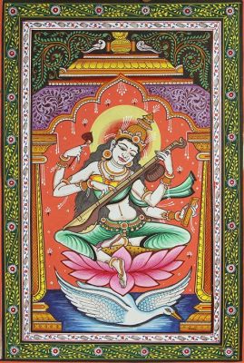 The Saraswati Playing Vina Captures Divine Grace Through Exquisite Linework and Soul-Stirring Composition!