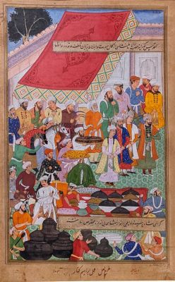 The Emperor Akbar Receiving Delegations - An Exquisite Miniature Painting Brimming with Cultural Significance and Regal Majesty!